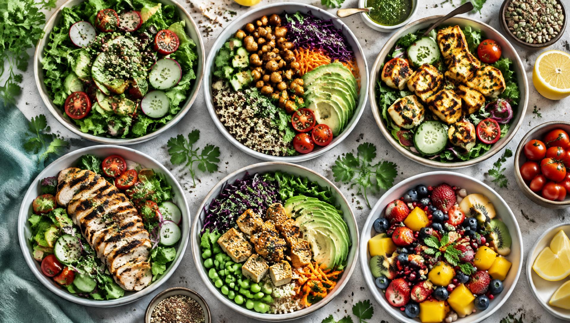 A spread of fresh salads and protein bowls from FIT KITCHEN