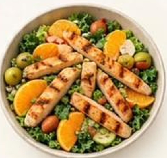 Chicken Olive Orange Salad with grilled chicken, orange, kale and lettuce
